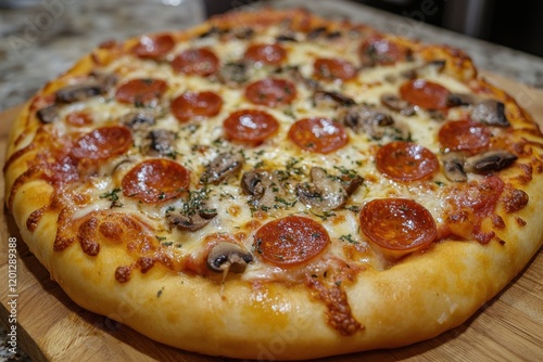 Delicious pepperoni and mushroom pizza with cheesy crust served on wooden board