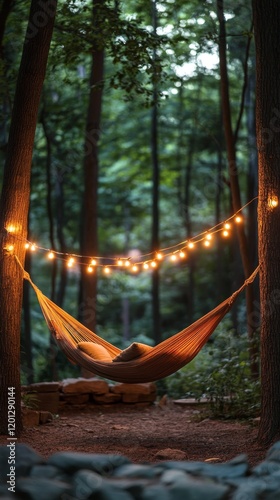 Cozy hammock under string lights in a serene garden at night