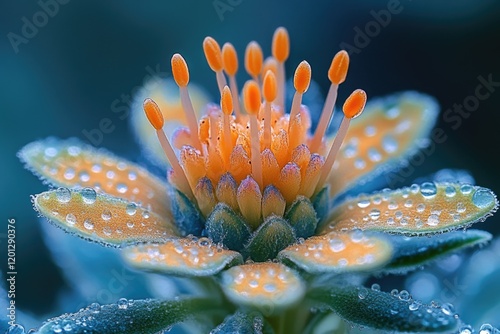 A close-up of a flower with water droplets glistening on its petals, perfect for use in designs related to nature, beauty, or serenity photo