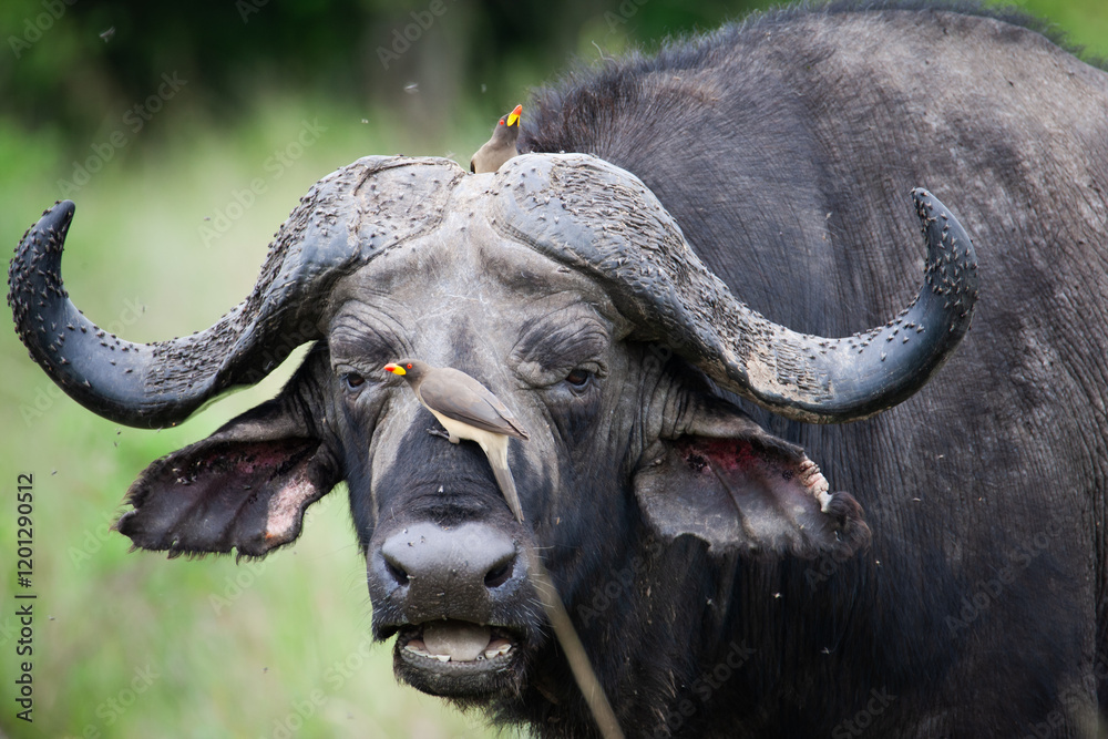 Fototapeta premium Madenhacker picken Parasiten aus dem Fell eines Wasserbüffels in der afrikanischen Wildnis