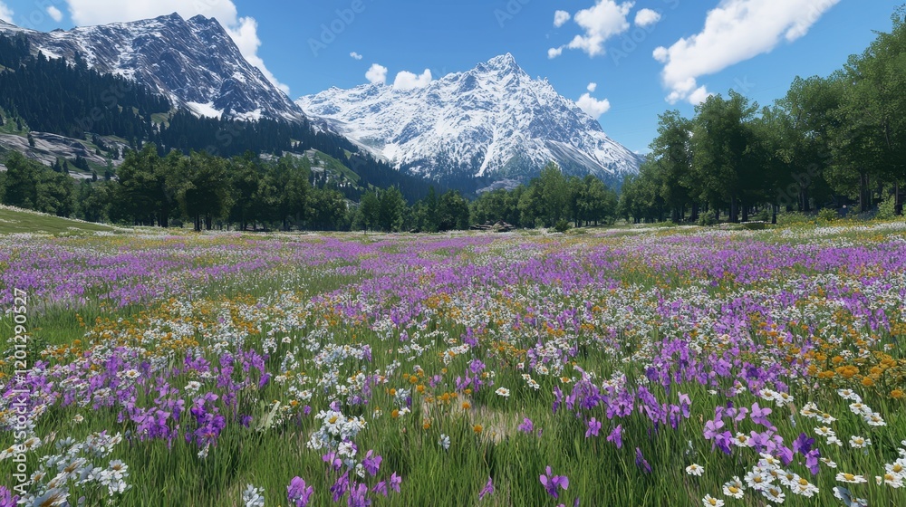 Alpine Meadow Wildflowers Bloom Beneath Snowy Peaks Alpine Meadow Wildflowers Bloom Beneath Snowy Peaks