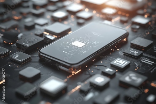 A sleek smartphone rests on a circuit board filled with intricate components, highlighting modern technology and connectivity.