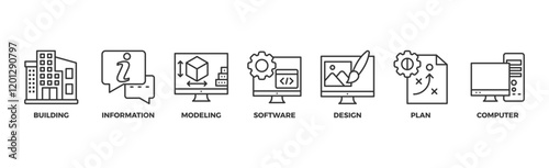 BIM banner web icon vector illustration concept for building information modeling with icon of building, information, modeling, software, design, plan, and computer