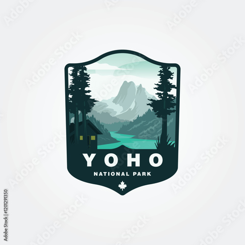 Yoho National Park scenery features mountains trees water a cabin logo vector design