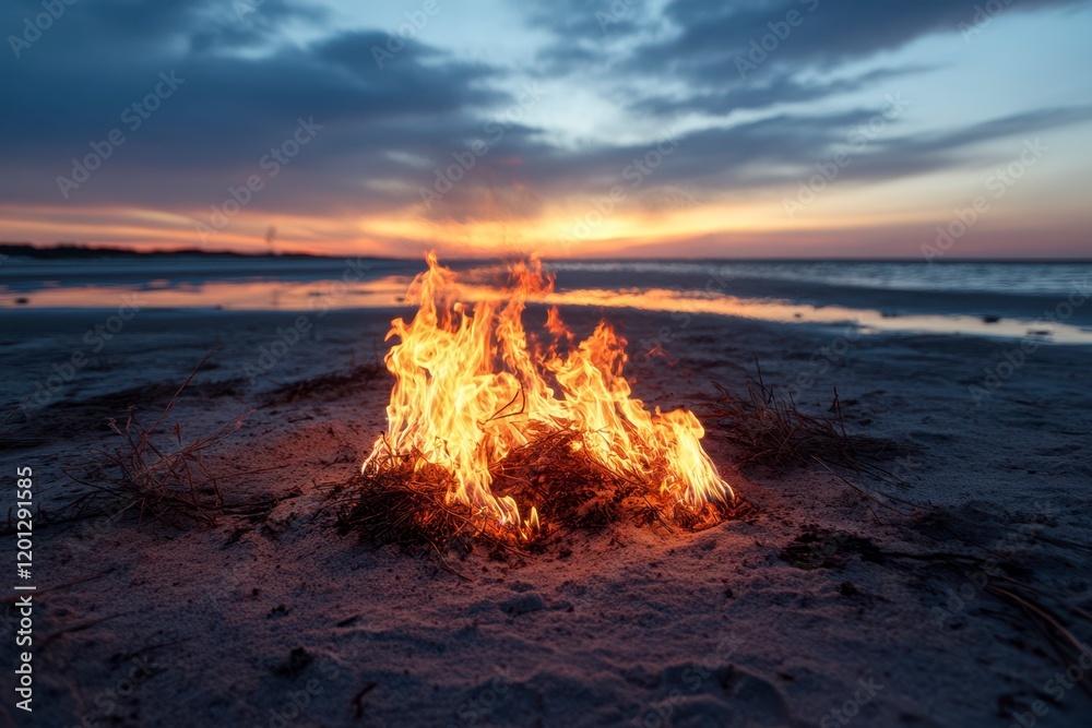 Warm flames dance on the beach as the sun sets behind the horizon during a tranquil evening by the sea. Generative AI Warm flames dance on the beach as the sun sets behind the horizon during a tranquil evening by the sea. Generative AI