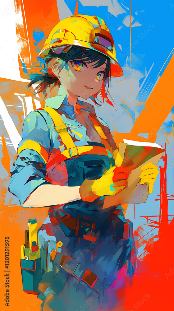 Obraz premium A confident construction worker in a vibrant urban setting, reviewing plans amidst bright colors