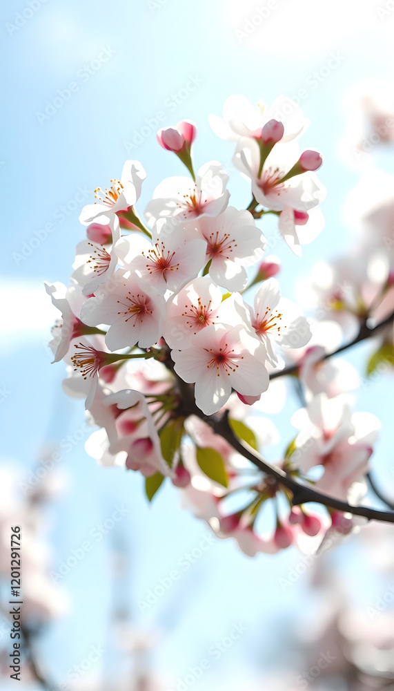 Branches of blossoming cherry macro with soft focus on gentle light blue sky background in sunlight with copy space. Beautiful floral image of spring nature, dramatic atmosphere, with white tones Branches of blossoming cherry macro with soft focus on gentle light blue sky background in sunlight with copy space. Beautiful floral image of spring nature, dramatic atmosphere, with white tones