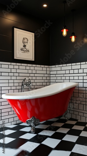 Elegant red and white bathtub showcased in a stylish bathroom with vintage decor