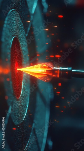 Precision dart striking the bullseye in a dimly lit game room during an eveni...