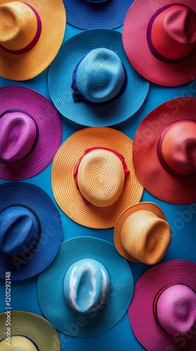 Colorful collection of wide-brimmed hats displayed against a bright blue back...