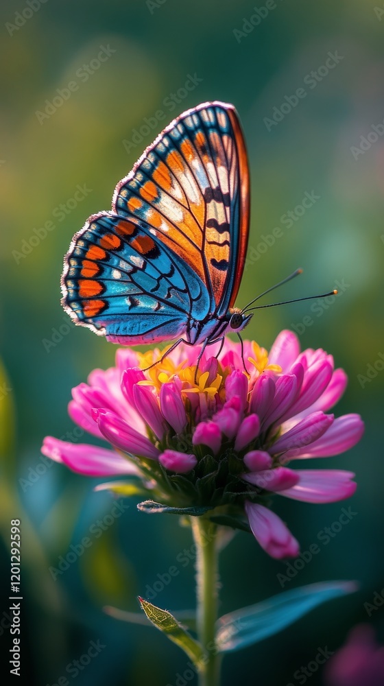 Fototapeta premium Colorful butterfly perched on pink flower in warm sunlight during golden hour