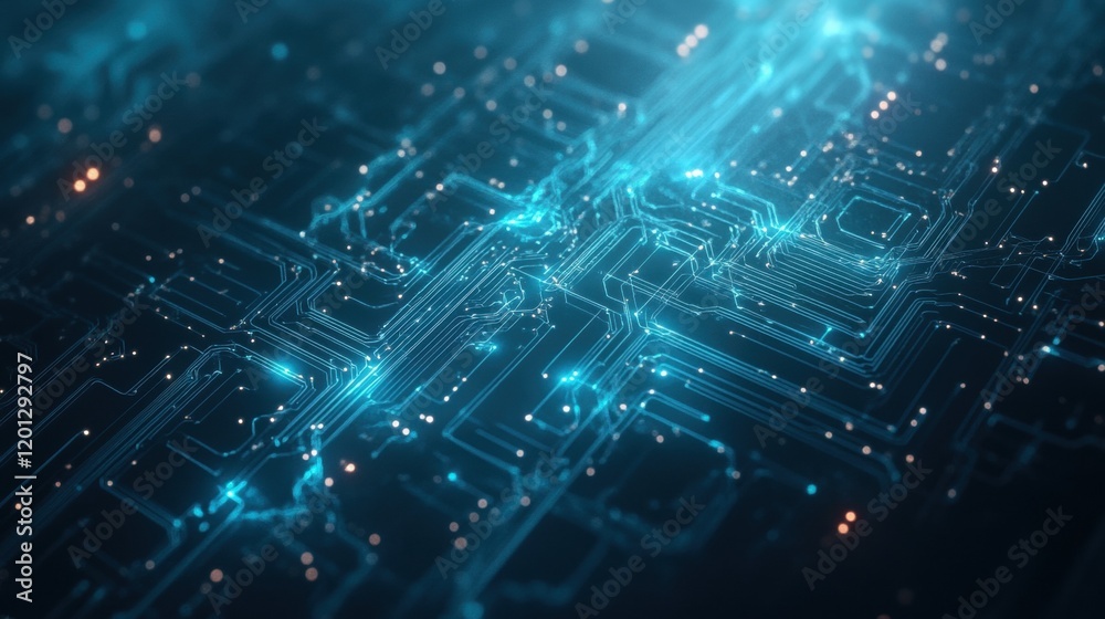 Futuristic circuit board with glowing blue connections and data flow Futuristic circuit board with glowing blue connections and data flow