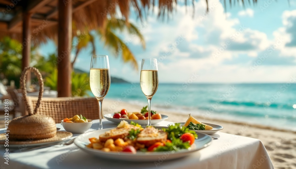 Two glasses of champagne and a plate of food on a beach table, perfect for a relaxing day by the ocean Two glasses of champagne and a plate of food on a beach table, perfect for a relaxing day by the ocean
