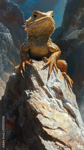 Bearded dragon basking on a rock under sunlight in a rocky landscape