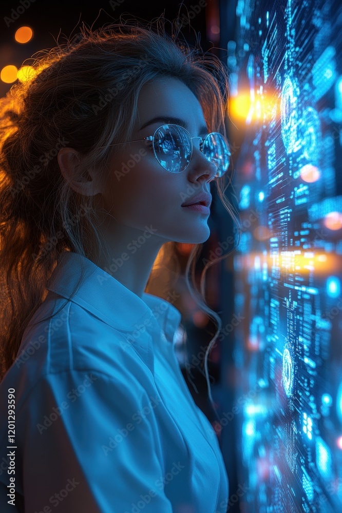 Futuristic woman analyzing digital data display in glowing urban setting Futuristic woman analyzing digital data display in glowing urban setting