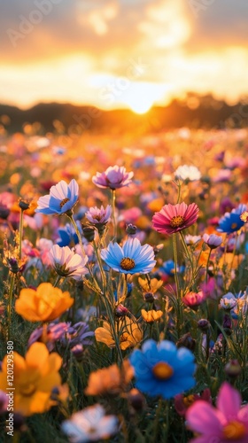 Colorful wildflower field at sunset over rolling hills with vibrant blooms