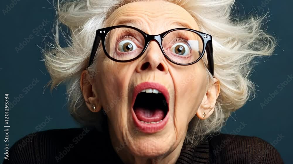 An older woman with glasses and a surprised expression on her face. She is wearing a black sweater and has her hair in a messy bun