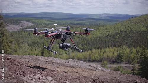 A drone equipped with a camera flying over a forested landscape.
