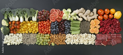 Colorful array of healthy foods including fruits, vegetables, nuts, and seeds. photo