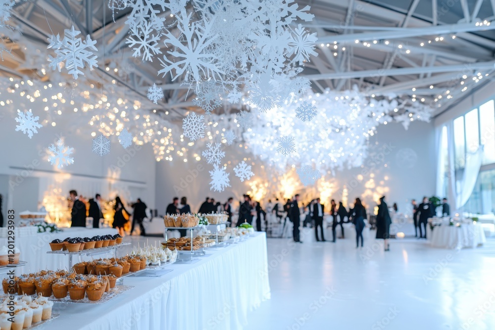Obraz premium Whimsical winter wonderland party festive venue event celebration snowy atmosphere indoor joyful gathering