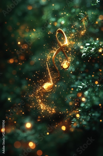 Golden musical note surrounded by glowing sparkles in verdant forest atmosphere