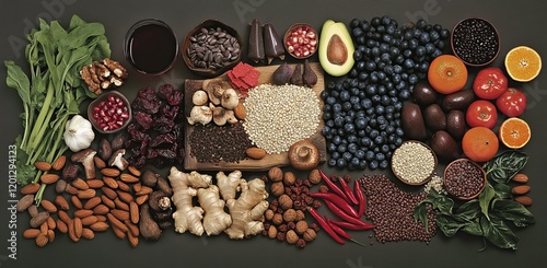 Flat lay of various healthy foods, including fruits, vegetables, nuts, seeds, and grains. photo