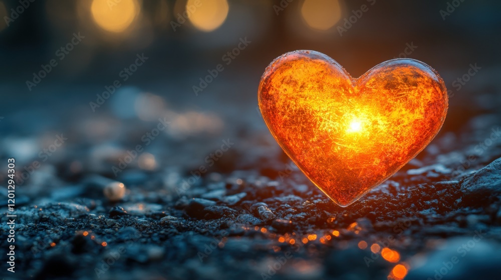 Fototapeta premium Glowing heart on gravel with warm light and bokeh background