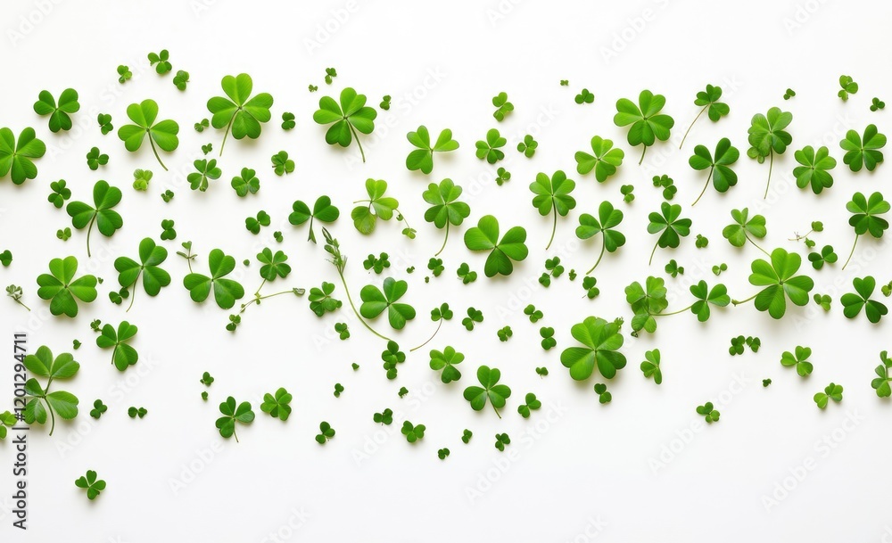 Green shamrocks scattered on white background. Perfect for St. Patrick's Day or spring designs. Green shamrocks scattered on white background. Perfect for St. Patrick's Day or spring designs.