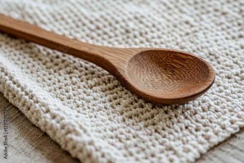 Elegant wooden spoon resting on a soft textured cloth in a kitchen setting