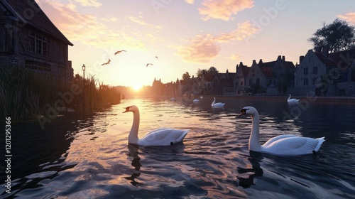 Serene sunset over a river with swans and quaint houses.