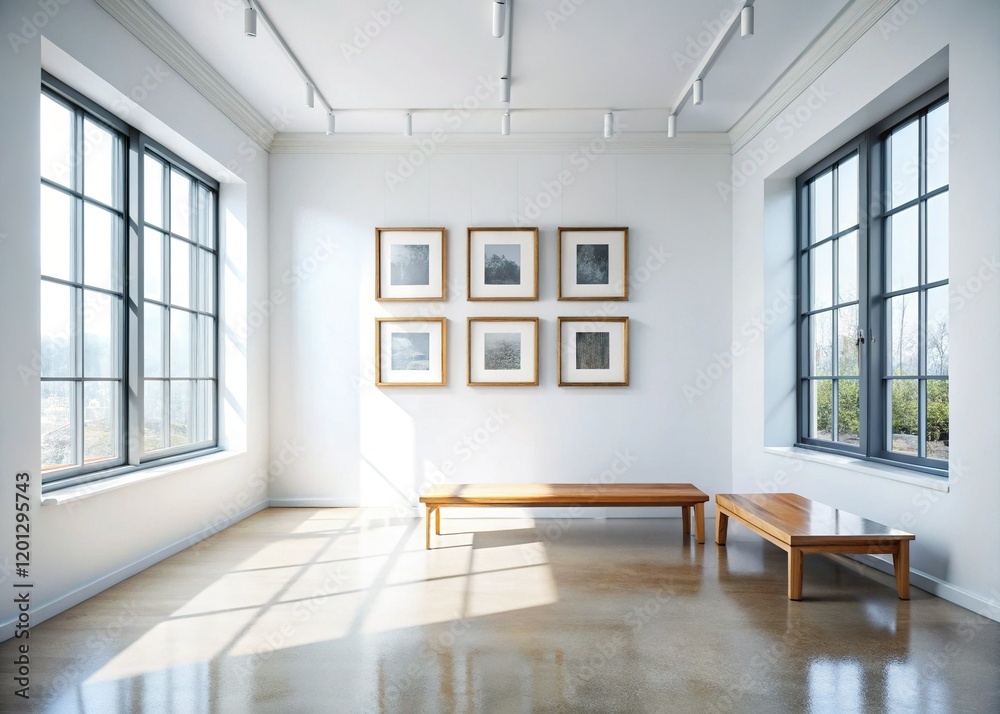 Fototapeta premium Bright Minimalist Gallery Room: Empty Frames & Wooden Bench, Natural Light