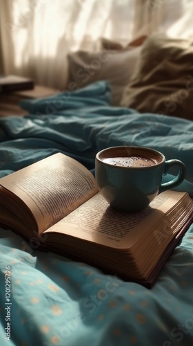 Cozy morning with a warm cup of coffee and an open book on a neat bed