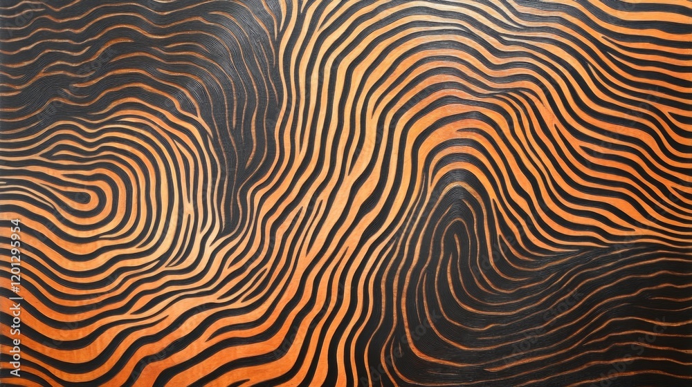 Abstract orange and black swirling wood grain pattern