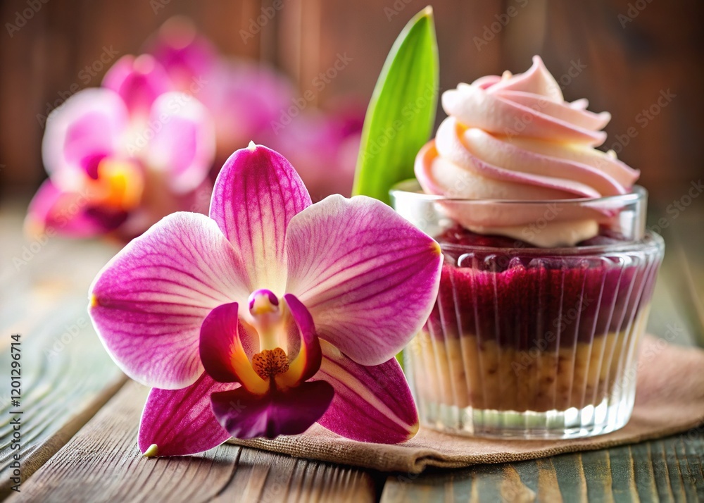 Delicate Pink Miltonia Orchids with Gourmet Dessert, Elegant Food Photography Delicate Pink Miltonia Orchids with Gourmet Dessert, Elegant Food Photography