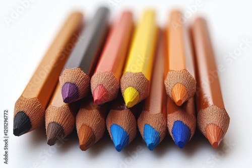 Vibrant assortment of colored pencils arranged in a circular pattern on a bri...