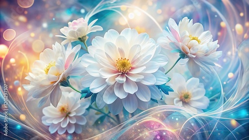 Double Exposure: Blooming White Flowers on Abstract Background - Decorative Wallpaper