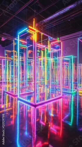 Vibrant illuminated columns create a mesmerizing display in an art exhibition...