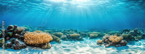 Sunlight filters through crystal-clear water, illuminating vibrant coral reefs and white sand beneath the ocean surface, creating a serene and mesmerizing underwater landscape.