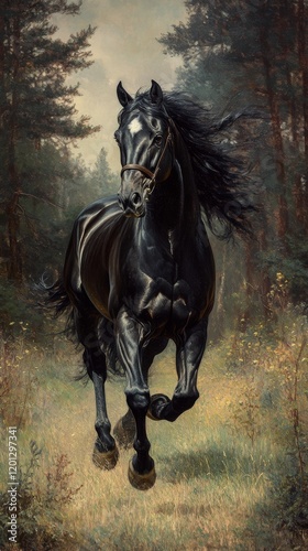 Majestic black horse galloping through a forested landscape during golden hour