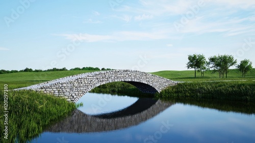 A stone arch bridge over a calm river surrounded by greenery.