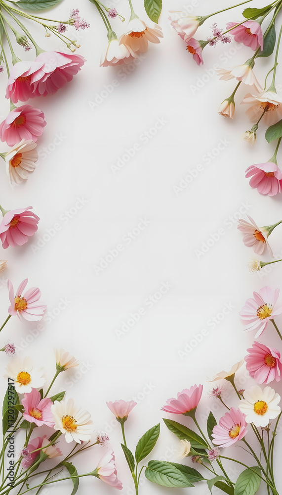 Web Banner template with flowers on the edges on white background. Picture frame with flowers for spring greeting card or invitation. photo imitation, vector style Web Banner template with flowers on the edges on white background. Picture frame with flowers for spring greeting card or invitation. photo imitation, vector style