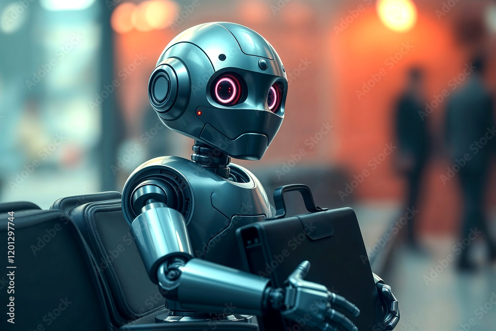 Humanoid Robot Waiting for a Job Interview: Artificial Intelligence Concept Humanoid Robot Waiting for a Job Interview: Artificial Intelligence Concept