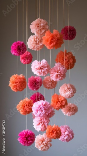 Colorful hanging pom poms create a vibrant decoration in a stylish interior s...
