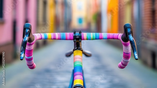 A close-up of bicycle handlebars wrapped with colorful tape against a blurred urban backdrop