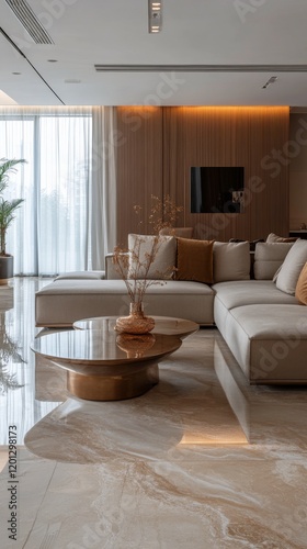 Elegant modern living room with soft lighting and stylish decor showcasing a ...