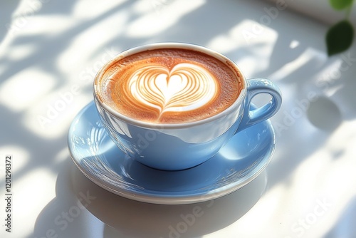 Beautiful latte art in a white cup on a marble table showcasing intricate des...