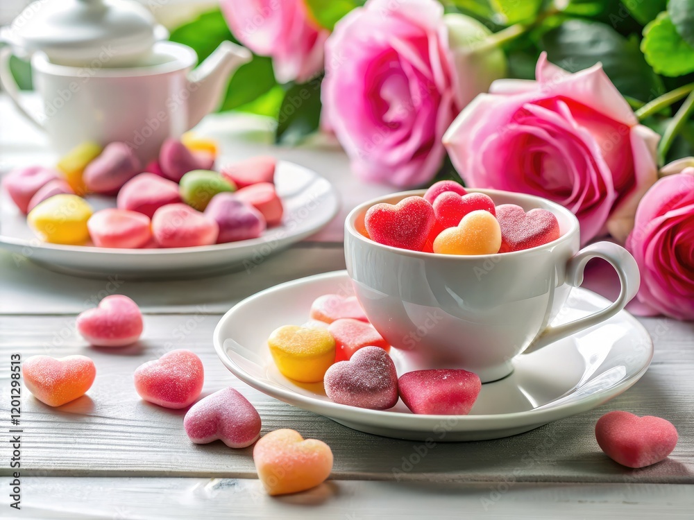 High-resolution image: heart candies, tea roses, and a romantic Valentine's Day tablescape. High-resolution image: heart candies, tea roses, and a romantic Valentine's Day tablescape.