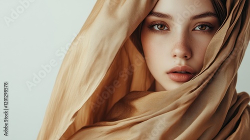 Young Woman Wrapped in Golden Fabric photo