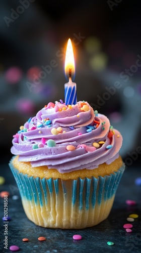 Colorful cupcake with blue frosting and lit candle surrounded by party decora...