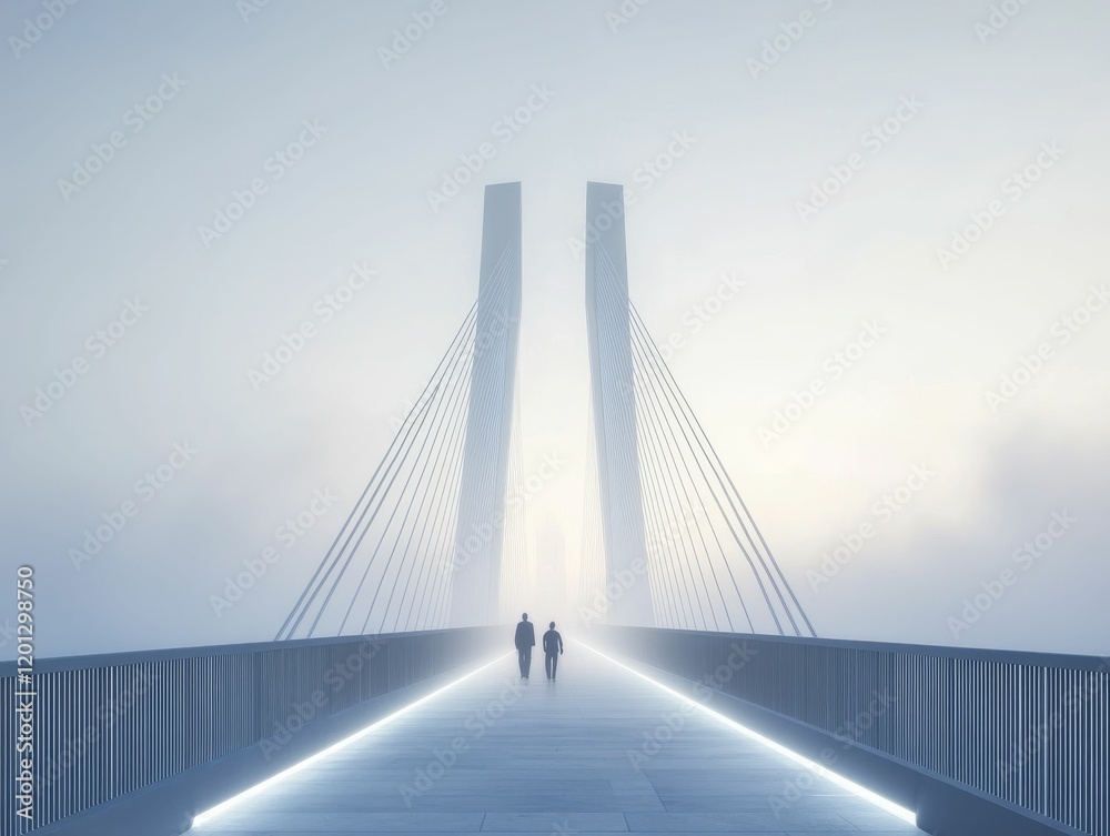 Fototapeta premium Foggy bridge, two figures walking, illuminated path.